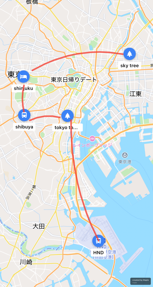 東京の観光ルートをドローイングで表示